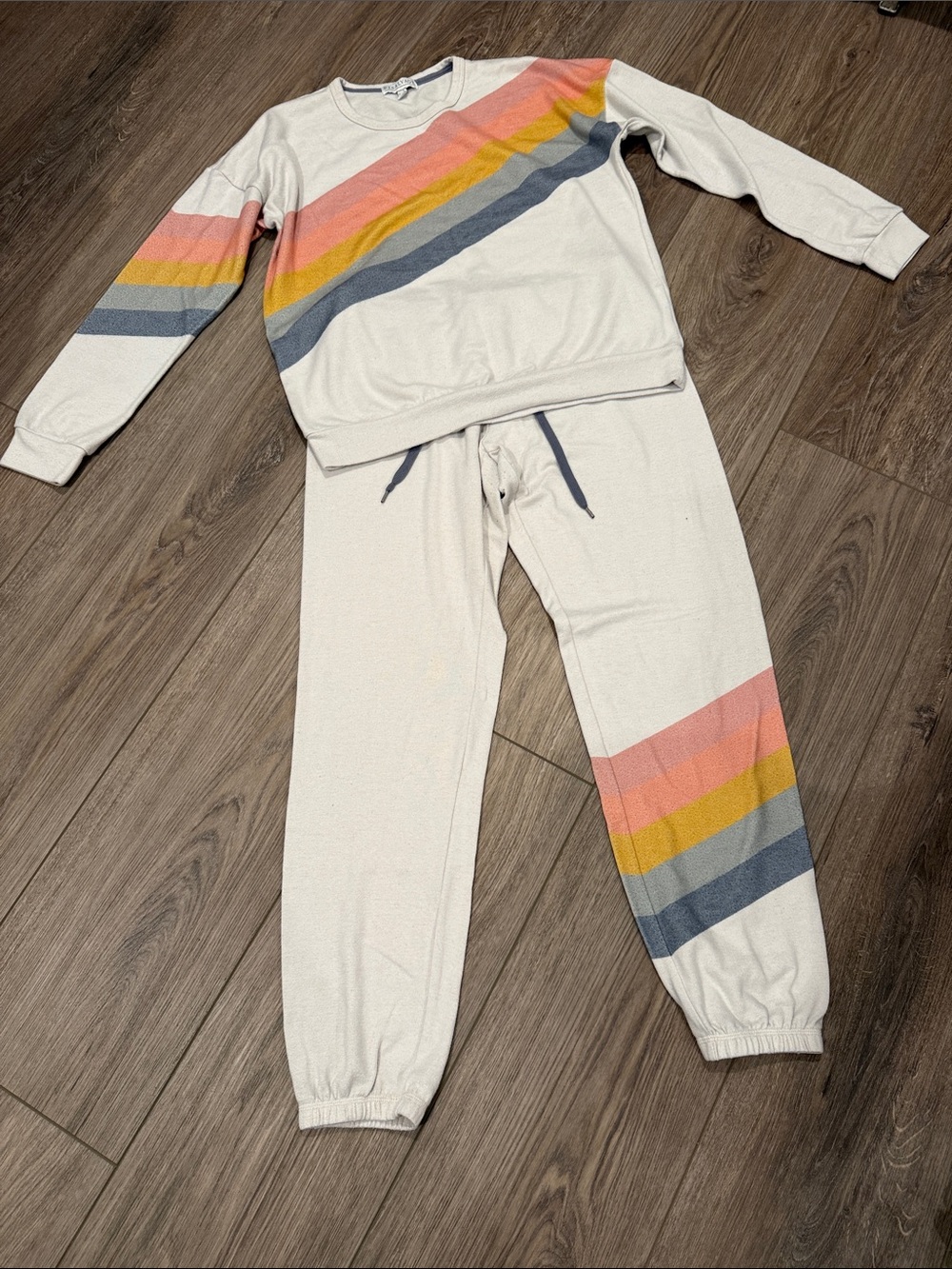 PJ Salvage Cream Lounge Sweatshirt and Joggers with Pink Yellow and Blue Stripes